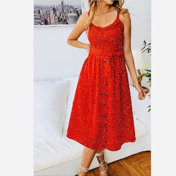 1 LEFT * Red Polka Dot Midi Dress - Picture 2 of 3